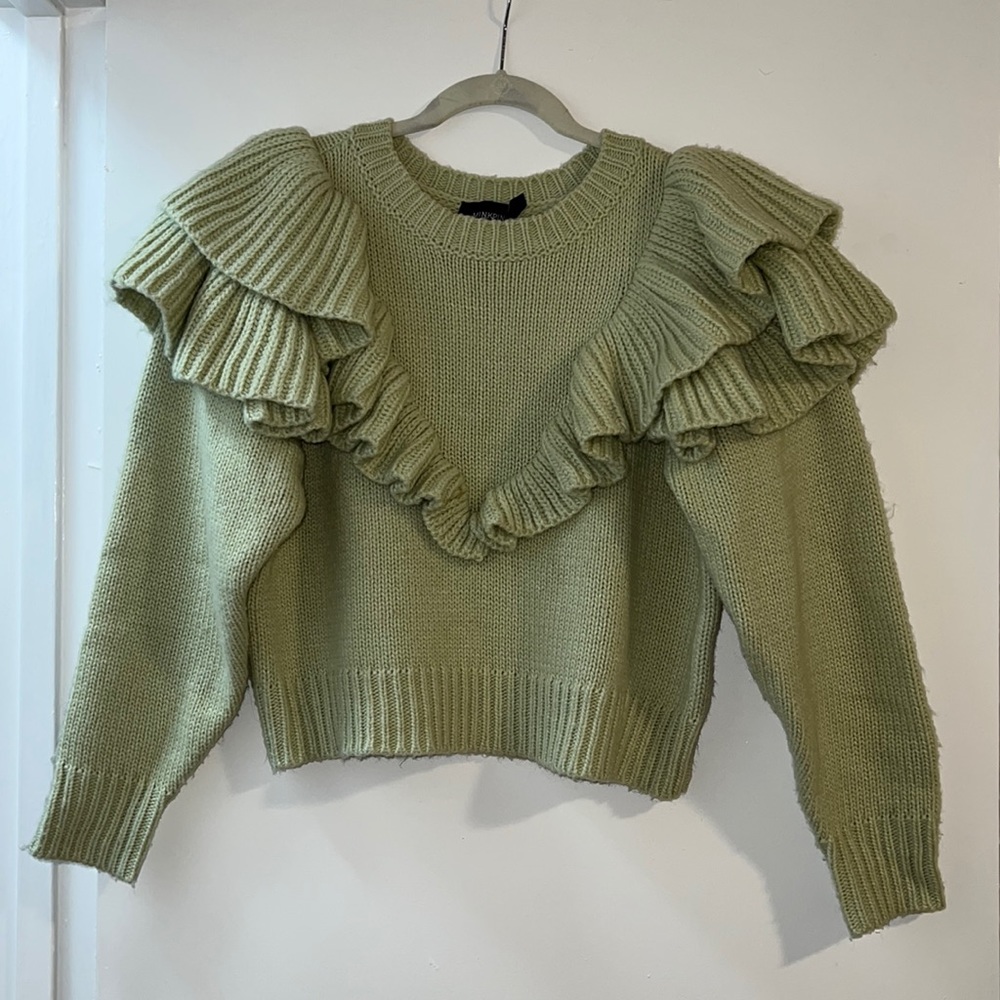 Minkpink pastel green ruffle shoulder crop sweater